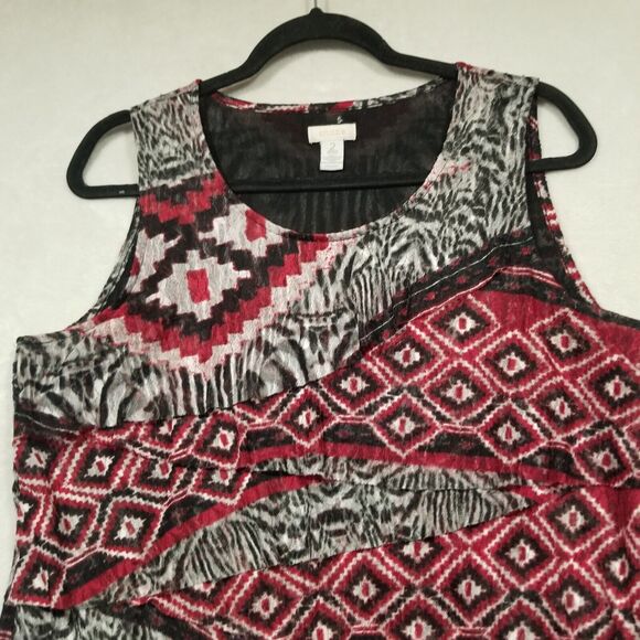 Chicos 2 (Lg) Top Red Aztec Print Tank Scoop Neck Tiered Front Gauze Western - Picture 2 of 5